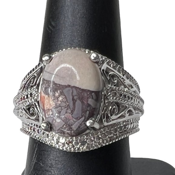 Vintage Karis STS Sterling Silver Jasper Filigree Statement Ring Size 8 Boho - Picture 5 of 7